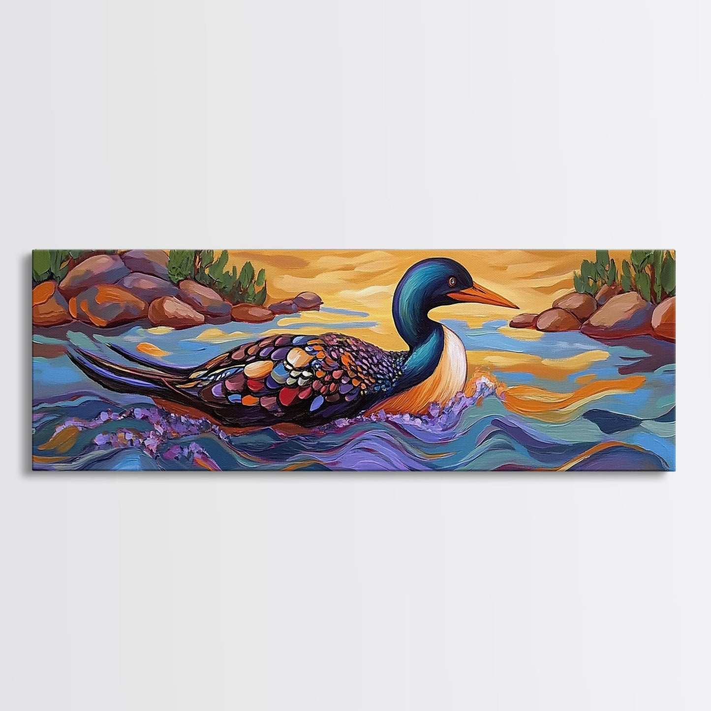 Loon Painting, Tranquil Waters, Sunset Paddle, Colorful Feathers, Framed Canvas Print, lake house art, wildlife nature decor