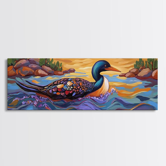 Loon Painting, Tranquil Waters, Sunset Paddle, Colorful Feathers, Framed Canvas Print, lake house art, wildlife nature decor