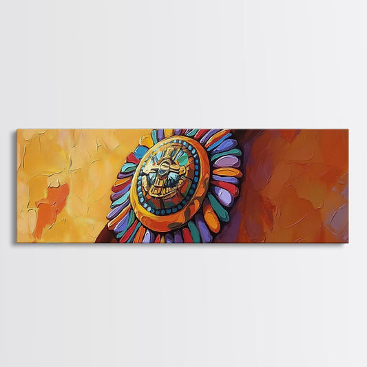 Aztec Sun Symbol, Bold Tribal Accent, Southwest Vibe Art, Native Motif Wall, Framed Canvas Print, Entryway Ethnic Boho Decor