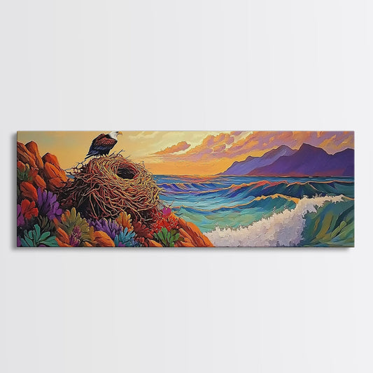Eagle Nest Painting, Coastal Wildlife Scene, Framed Canvas Print, Ocean View Wall Art, Nature Lover Decor, Office or Living Room