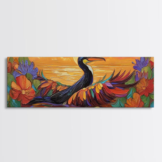 Sunset Bird, Floral Wings, Vibrant Colors, Serene Ocean, Framed Canvas Print, Bedroom Wall Art, Boho Nature Art, Tropical Decor
