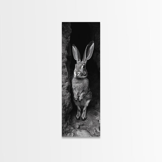 Rabbit Cave, Black and White Bunny, Woodland Animal Portrait, Framed Canvas Print, Nursery Wall Art, Cottagecore Decor, Easter Aesthetic