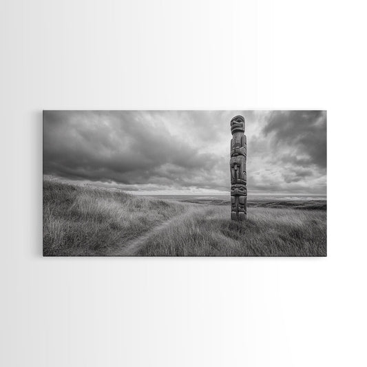 Totem Pole, Coastal Path, Moody Sky, Native Heritage, Framed Canvas Print, rustic wall decor, tribal art, hallway art, boho western decor