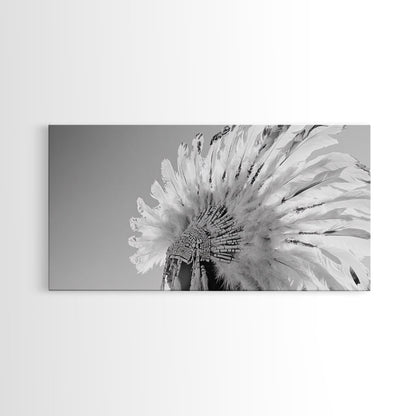 Native Headdress, Feather Crown, Cultural Tribute, Canvas Print, Boho Tribal Decor, Bedroom Wall Art, Monochrome Indigenous Style