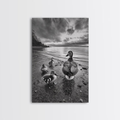 Duck Family, Lakeside Peace, Nature Walk, Canvas Print, Wholesome Wall Art, Nursery Animal Decor, Cozy Autumn Photography Style