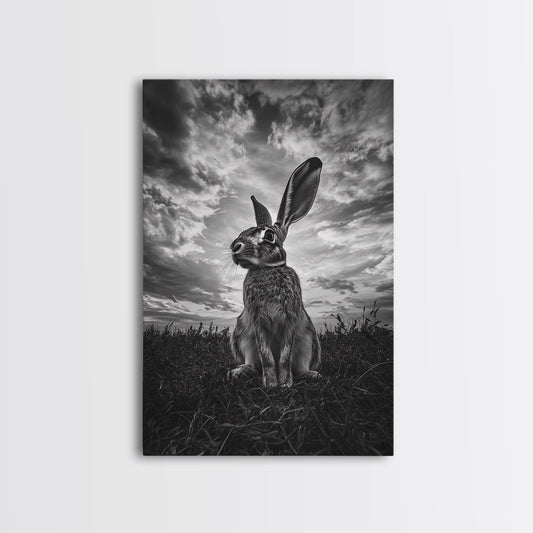 Rabbit Sky Portrait, Whimsical Bunny Art, Monochrome Fantasy, Canvas Print, Nursery Wall Art, Animal Lover Gift, Cottagecore Decor