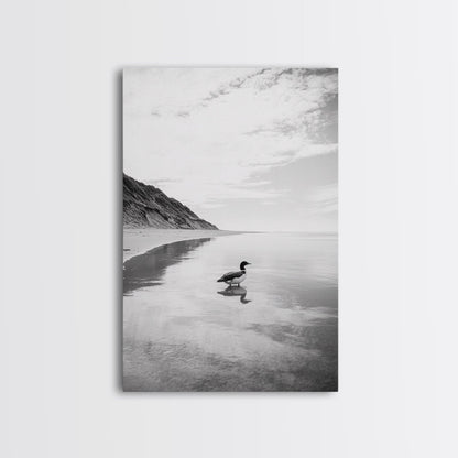 Lone Loon, Quiet Reflection, Coastal Bird, Framed Canvas Print, Nature Wall Art, Bathroom Decor, Serene Black and White Art