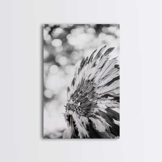 Feather Headdress, Native Style, Tribal Detail, Canvas Print, Boho Wall Decor, Cultural Art, Bedroom Accent, Earthy Minimalism