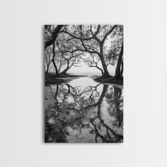 Misty Forest Trees, Reflection Photography, Nature Landscape, Canvas Print, Neutral Tones, Bedroom Wall Decor, Moody Autumn Forest Art