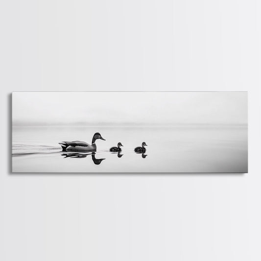 Duck Family, Serene Water, Peaceful Reflections, Canvas Print, Minimalist Animal Art, Nursery Wall Art, Calm Lake Photography