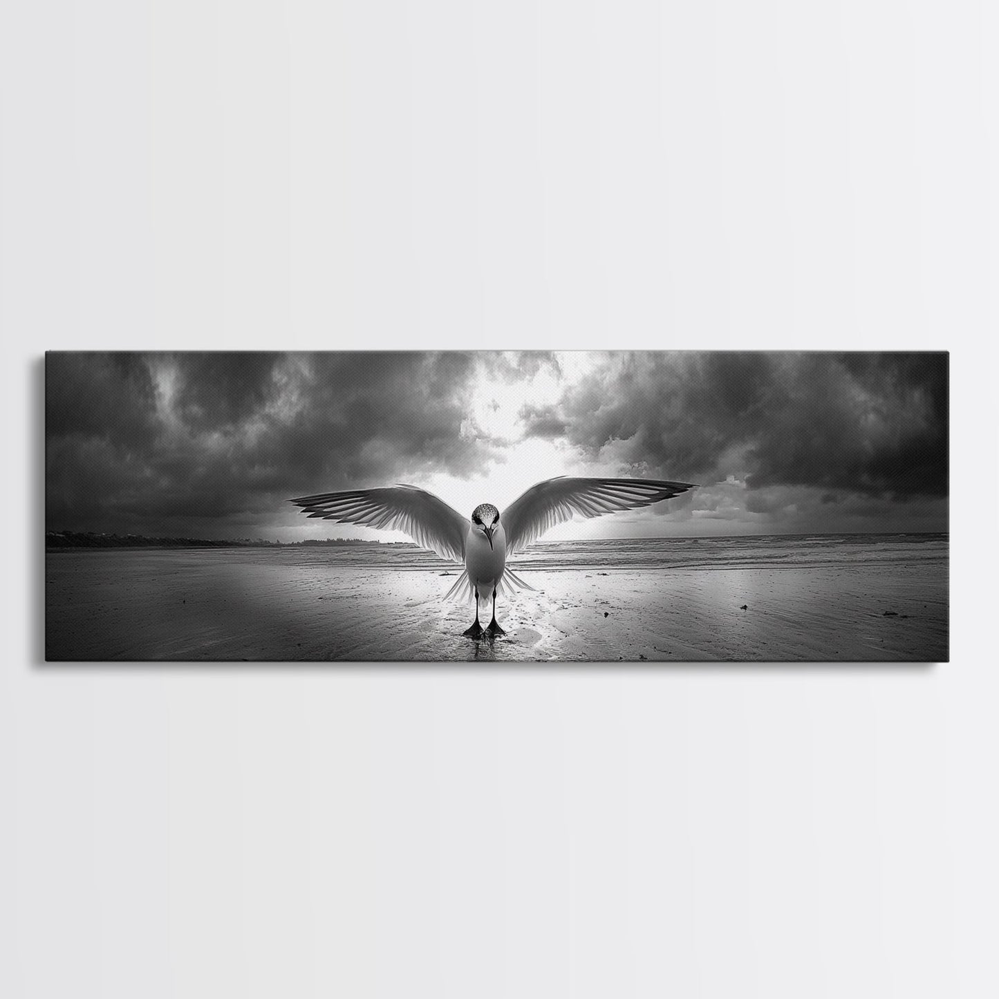 Winged Bird Beach, Coastal Sunrise, Dramatic Flight, Canvas Print, Beach House Decor, Living Room Wall Art, Nature Photography