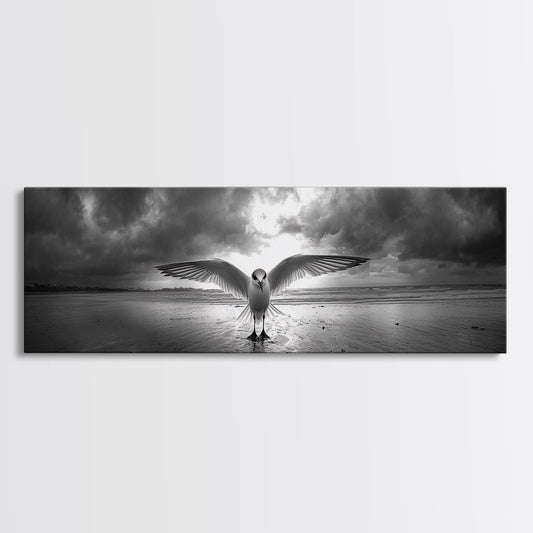 Winged Bird Beach, Coastal Sunrise, Dramatic Flight, Canvas Print, Beach House Decor, Living Room Wall Art, Nature Photography