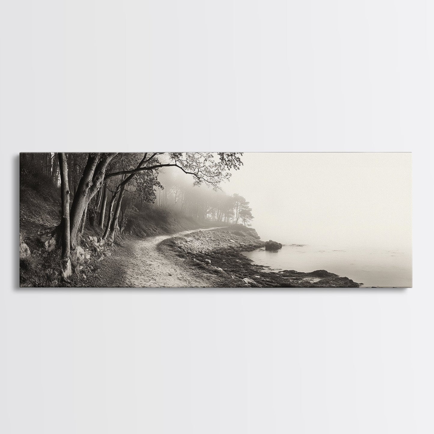 Forest Path, Misty Woods, Quiet Trail, Coastal Fog, Framed Canvas Print, Scandinavian Decor, Entryway Art, Minimal Nature Photography