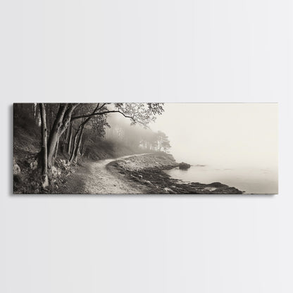 Forest Path, Misty Woods, Quiet Trail, Coastal Fog, Framed Canvas Print, Scandinavian Decor, Entryway Art, Minimal Nature Photography