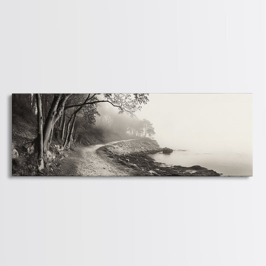 Forest Path, Misty Woods, Quiet Trail, Coastal Fog, Framed Canvas Print, Scandinavian Decor, Entryway Art, Minimal Nature Photography