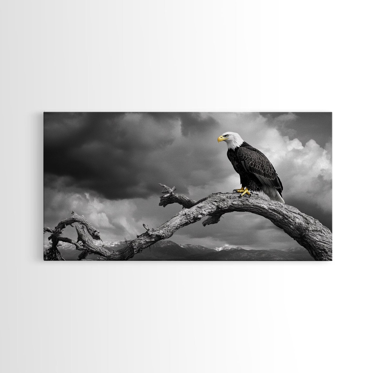 Eagle, Branch, Storm, Power and grace collide in this Framed Canvas Print of a majestic eagle perched before a storm, Living Room Wall Art