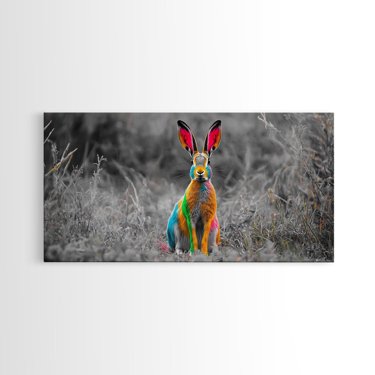 Rainbow Rabbit, Colorful Bunny, Surreal Wildlife, Nature Fantasy – Canvas Print, Kids Room Wall Art, Whimsical Decor, Modern Animal Art