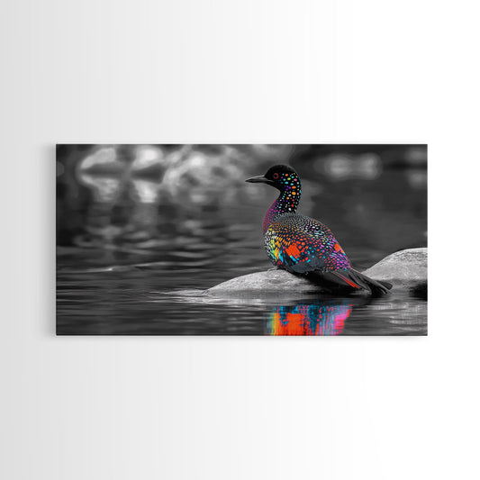 Vibrant Bird, Rainbow Feathers, Reflected Color, Nature Beauty, Framed Canvas Print, Wildlife Art, Nursery Wall Art, Boho Color Pop Decor