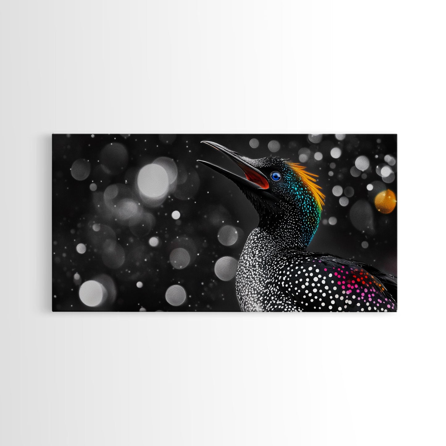 Singing Bird, Neon Plumage, Colorful Sparkle, Starry Night, Framed Canvas Print, Eclectic Art, Office Wall Art, Bright Animal Design