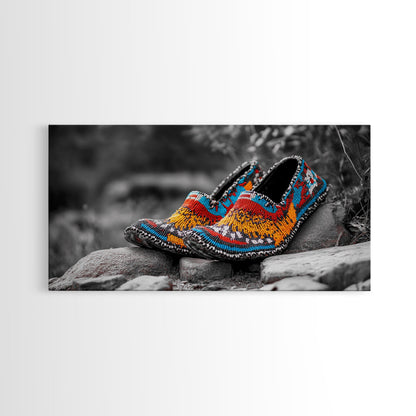 Native Beaded Shoes, Color Pop, Bohemian Style, Tribal Art, Framed Canvas Print, Rustic Wall Art, Entryway Decor, Ethnic Home Accent