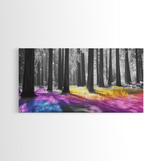 Rainbow Forest, Enchanted Woods, Dreamscape Landscape, Fantasy Nature, Framed Canvas Print whimsical nursery art, boho bedroom wall art