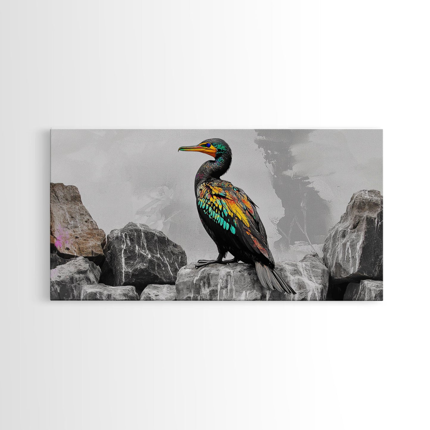 Vibrant Sea Bird, Colorful Wildlife Perch, Artistic Bird Feathers, Framed Canvas Print, Nature Wall Art, Office Decor, Boho Animal Style
