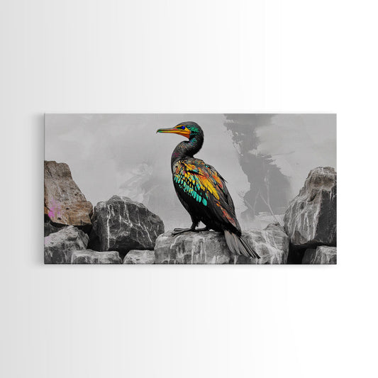 Vibrant Sea Bird, Colorful Wildlife Perch, Artistic Bird Feathers, Framed Canvas Print, Nature Wall Art, Office Decor, Boho Animal Style