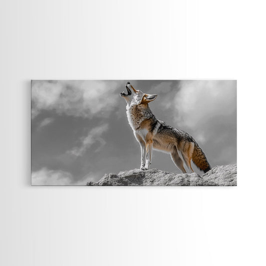 Howling Coyote Peak, Desert Wildlife Portrait, Majestic Animal Scene, Framed Canvas Print, Cabin Decor, Nature Wall Art, Minimalist Vibe