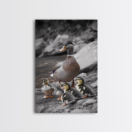 Duck Family, Nature Wildlife, Adorable Ducklings, Framed Canvas Print, Nursery Animal Wall Art, Cozy Farmhouse Decor, Fall Art Print
