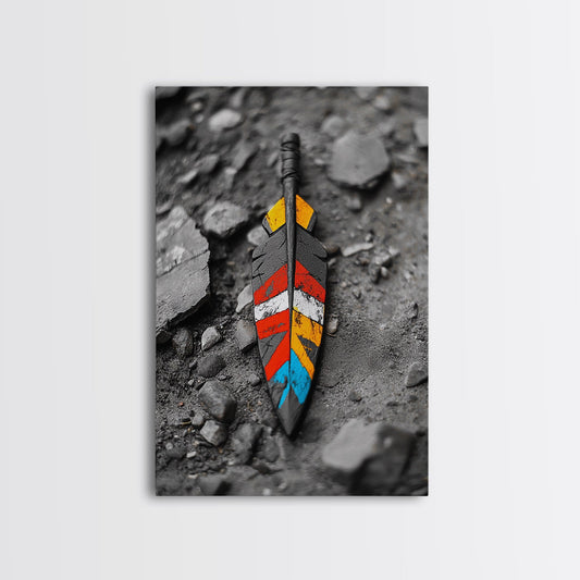 Tribal Feather, Painted Arrow, Rustic Stone Ground, Canvas Print, Boho Wall Art, Native Inspired Decor, Color Pop Rustic Style