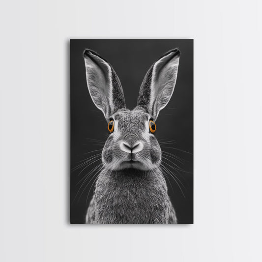 Wide Eyed Rabbit, Animal Portrait, Monochrome Humor, Framed Canvas Print, Nursery Wall Art, Whimsical Minimalist Decor, Funny Gift