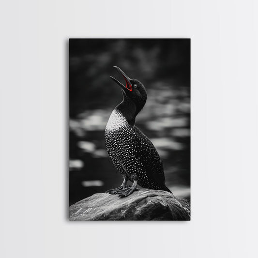 Loon Call, Singing Bird, Red Beak, Monochrome Framed Canvas Print, Wildlife Wall Decor, Bird Lover Wall Art, Rustic Cabin Accent