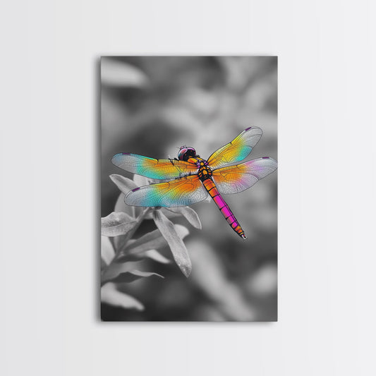 Rainbow Dragonfly, Vibrant Bug, Botanical Contrast, Framed Canvas Print, Nature Inspired Art, Bedroom Wall Decor, Whimsical Garden Accent