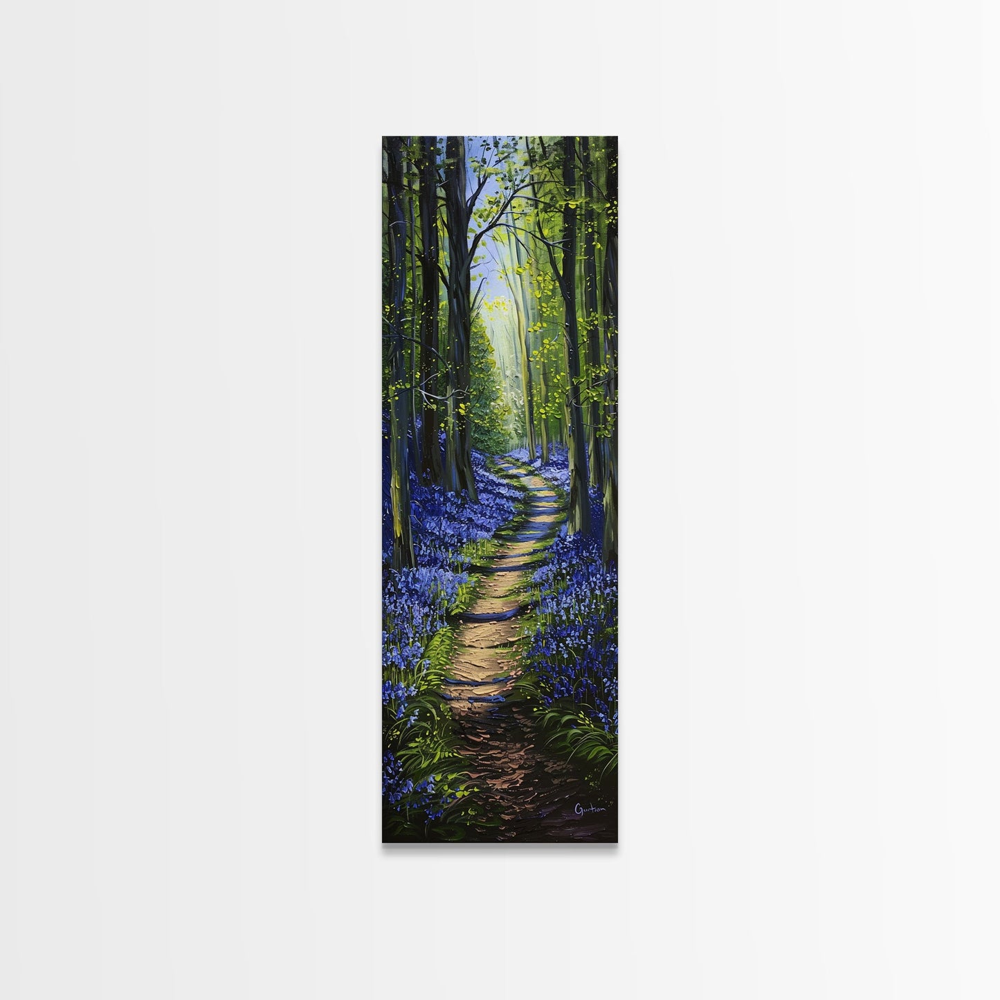 Pathway Through Enchanting Bluebell Woods in Tall Skinny Art Framed Canvas Print for Peaceful Wall Decor and Interior Design