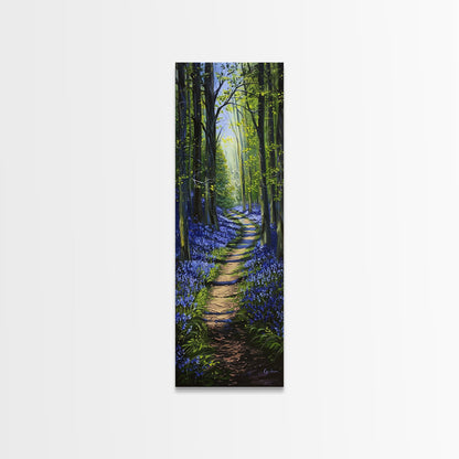 Pathway Through Enchanting Bluebell Woods in Tall Skinny Art Framed Canvas Print for Peaceful Wall Decor and Interior Design