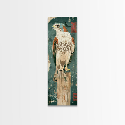 Majestic Hawk Perched On Weathered Stump Textured Background Skinny Art Tall Art Framed Canvas Print Japanese Style Art Ukiyo-e Art Wood Block Print