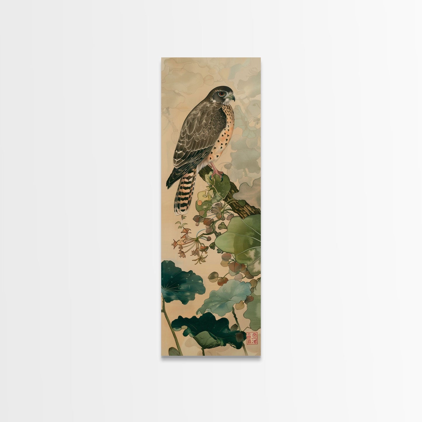Majestic Hawk Perched Among Verdant Foliage Ukiyo-e Tall Skinny Wood Block Framed Canvas Print Japanese Style Art