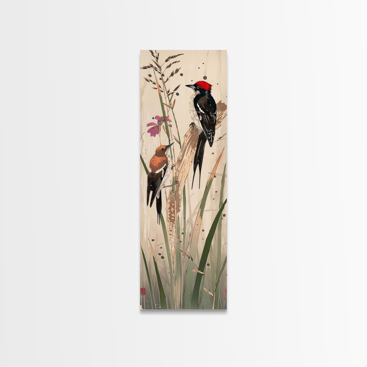 Detailed Woodpeckers Perched On Stems Amid Nature For Rustic Wall Art Ukiyo-e Japanese Style Art Skinny Framed Canvas Print