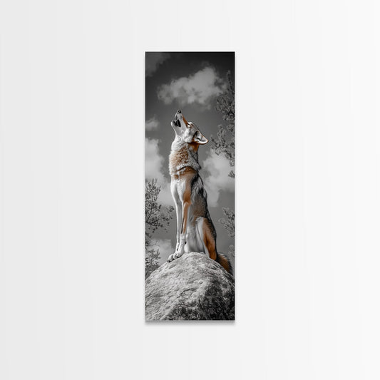 Howling Coyote on Rock Framed Canvas Print | Rustic Western Wall Art | Wildlife Painting | Moody Art | Farmhouse Decor | Gift Idea