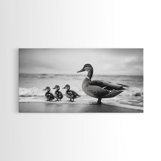 Duck family, bird art, whimsical art, coastal decor, nature painting, extra wide art, panoramic art, above couch art, framed canvas print