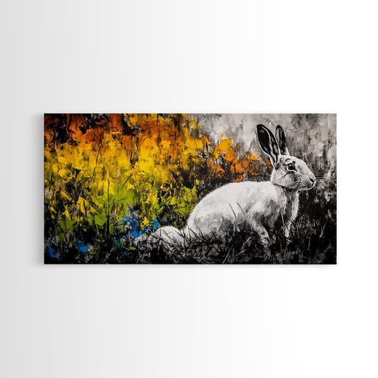 White Rabbit, whimsical art, forest at dusk painting, rustic wall art, farmhouse art, wildflower painting, Framed Canvas Print, cozy decor