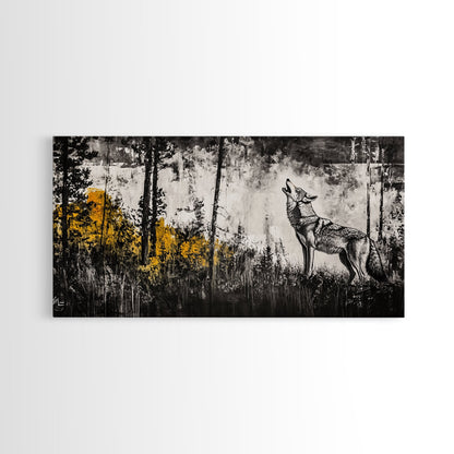 Howling Wolf, moody art, pine tree art, rustic wall art, forest at dusk painting, extra wide art, framed canvas print, southwestern art
