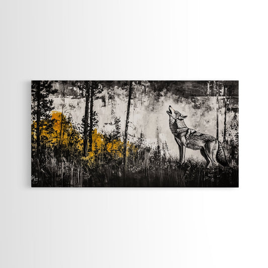 Howling Wolf, moody art, pine tree art, rustic wall art, forest at dusk painting, extra wide art, framed canvas print, southwestern art
