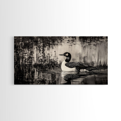 Loon Bird Art, Black and White Painting, Wildlife Wall Art, Rustic Decor, Framed Canvas Print, Lake House Art, Nature Lover Gift