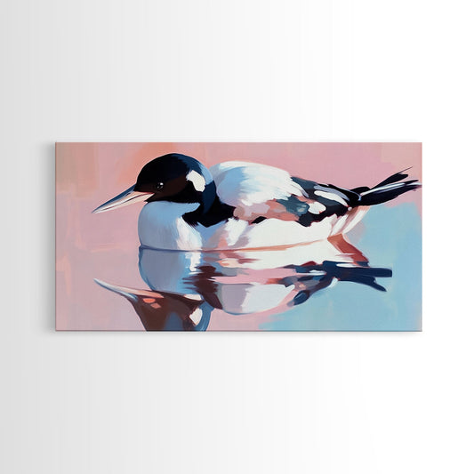 Waterfowl Reflection, bird art, lake Tahoe art, coastal painting, wildlife decor, pink orange wall art, framed canvas print