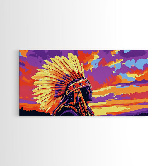 Native Chief, tribal wall art, afrocentric wall art, boho art, southwest wall art, panoramic art, Framed Canvas Print, rustic decor, bold colors