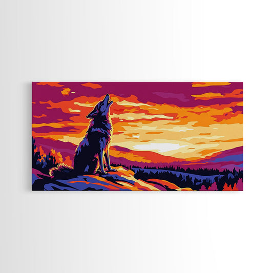Howling Wolf, mountain painting, pine tree art, rustic decor, panoramic painting, southwest wall art, landscape painting, Canvas Print, gift