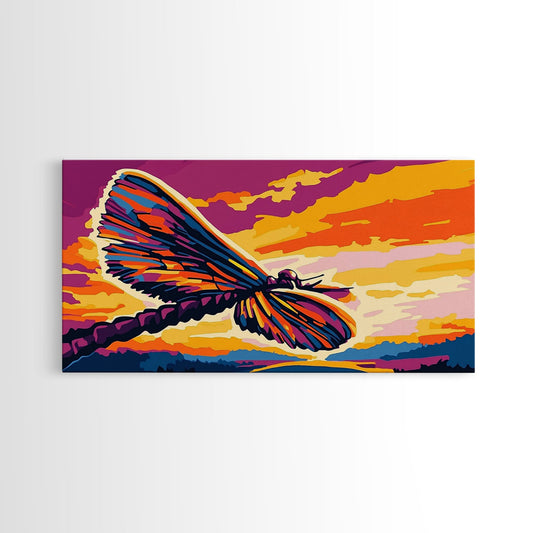 Dragonfly, Whimsical Art, Pink Orange Wall Art, Botanical Prints, Cottagecore Wall Art, Framed Canvas Print, Panoramic Art, Moody Art
