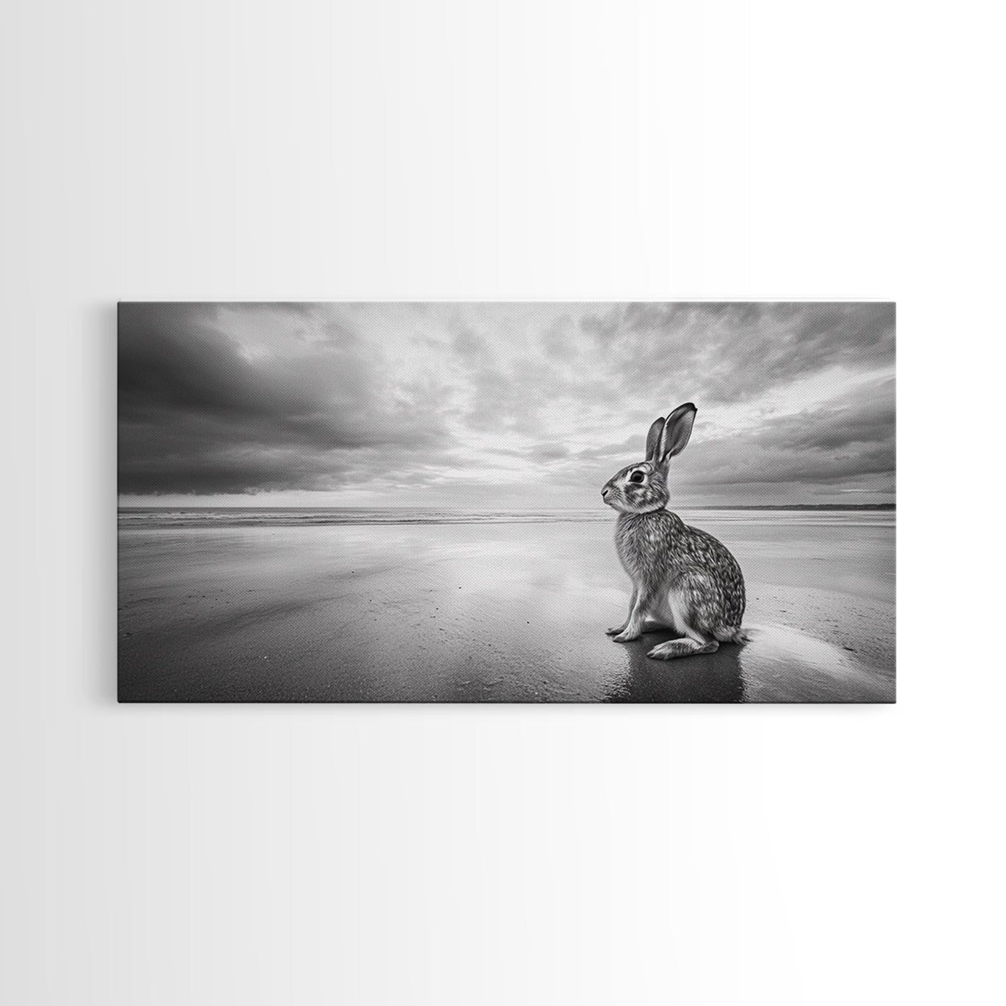 Rabbit Beach, whimsical art, coastal decor, animal painting, nature wall art, moody art, soft neutral tones, beach photography, Canvas Print