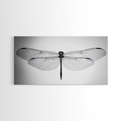 Dragonfly, line art, minimalist art, black and white art, nature painting, botanical prints, extra wide art, framed canvas print